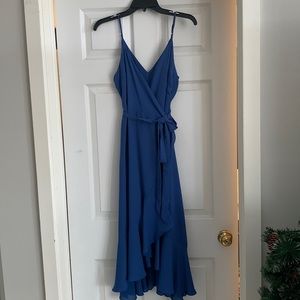 Lulu’s Manhattan Moment Blue Ruffled Midi wrap dress